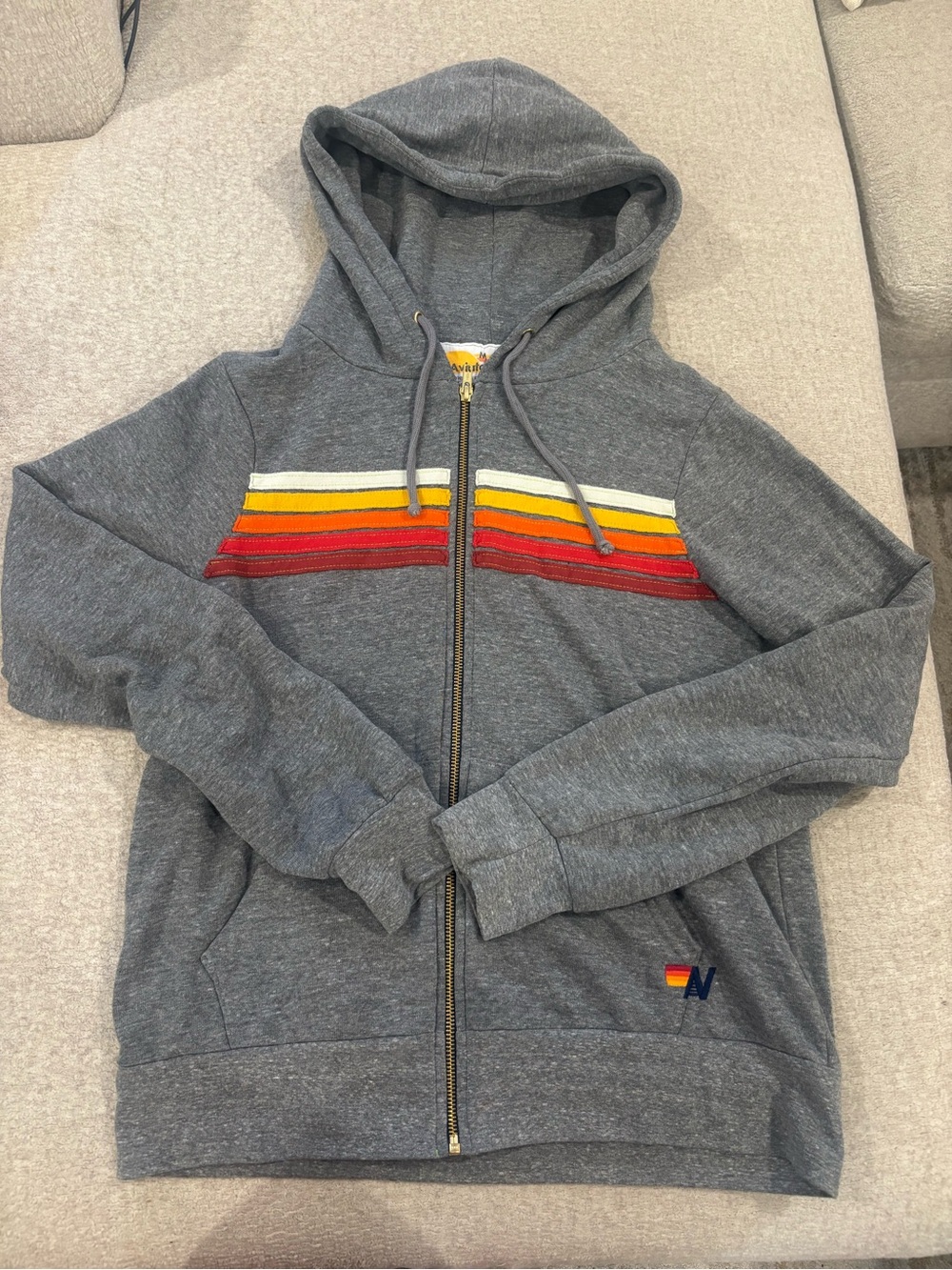 Aviator Nation Gray Zip Hoodie with Retro Red, Orange, Yellow & White Stripes